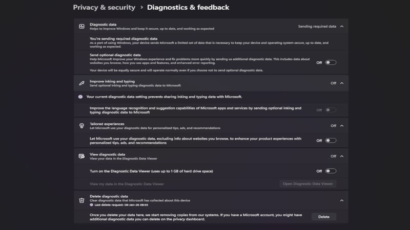 Diagnostics & Feedback settings