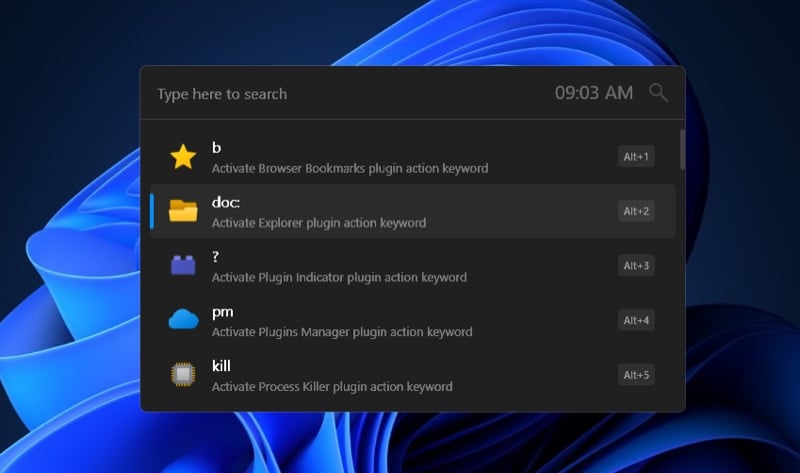 flow launcher search window on a windows 11 desktop.