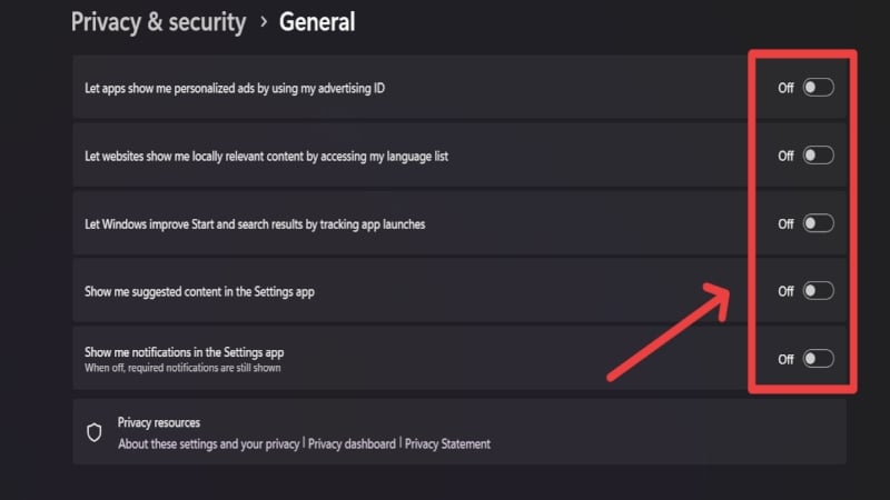 General Privacy settings