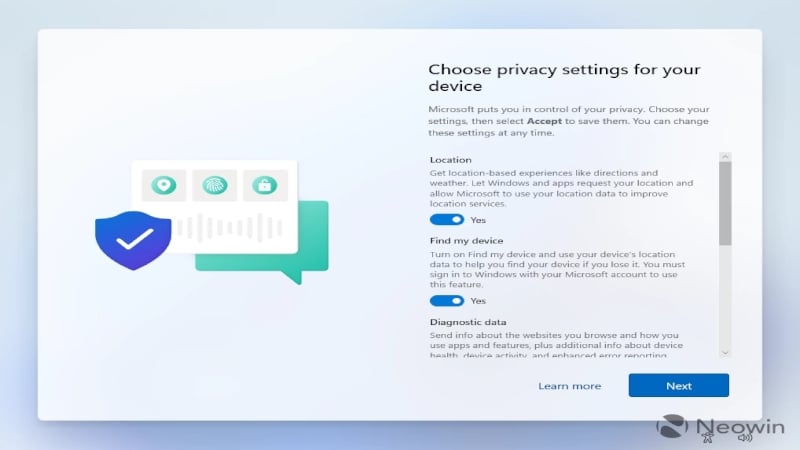Privacy settings Windows setup