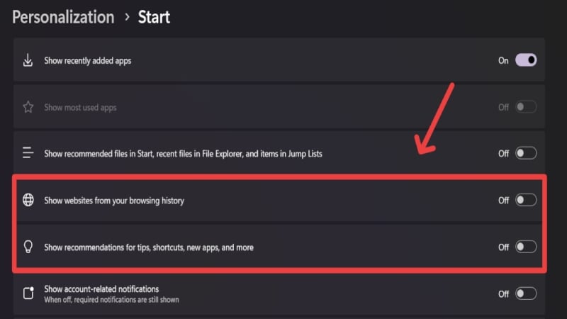 Start menu settings