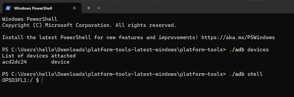 adb shell on powershell