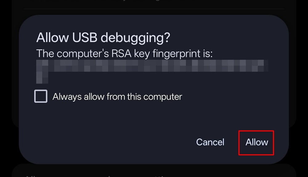 Allow USB debugging on Android
