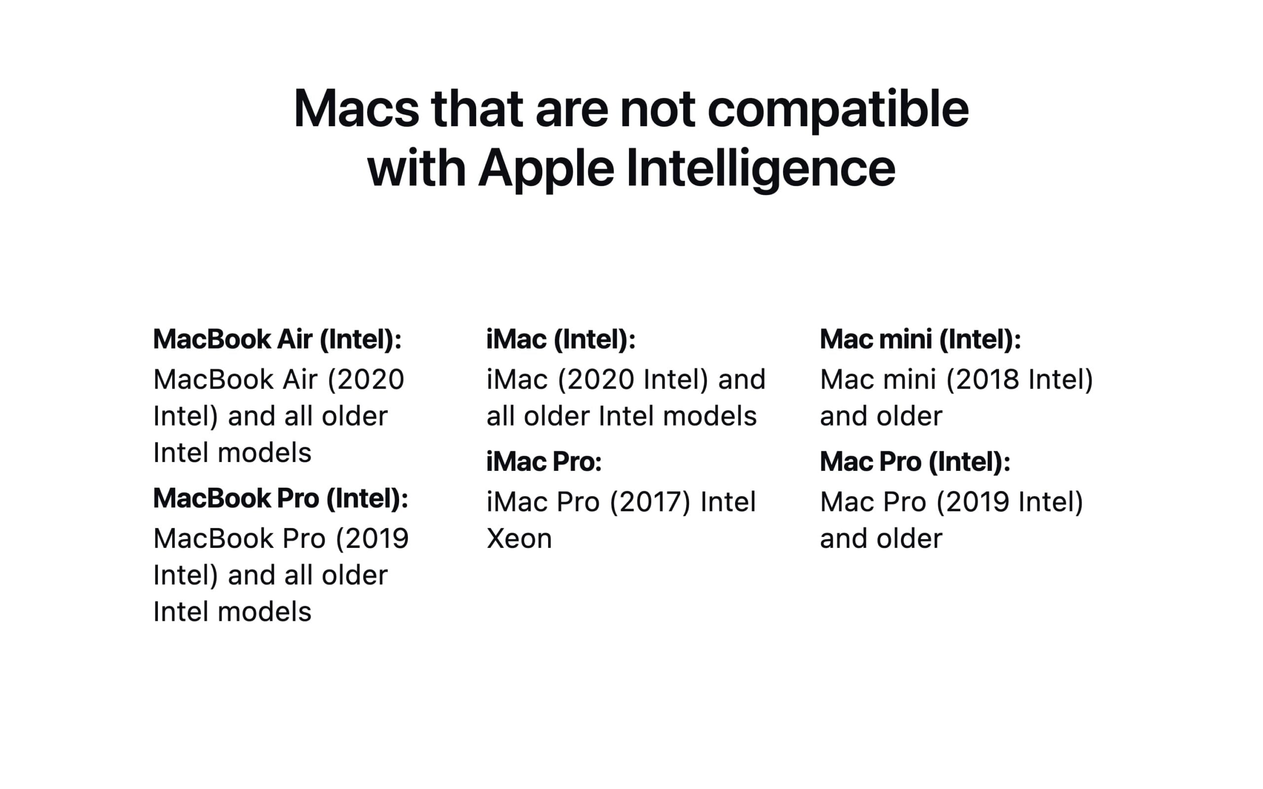Macs that are not compatible with Apple Intelligence