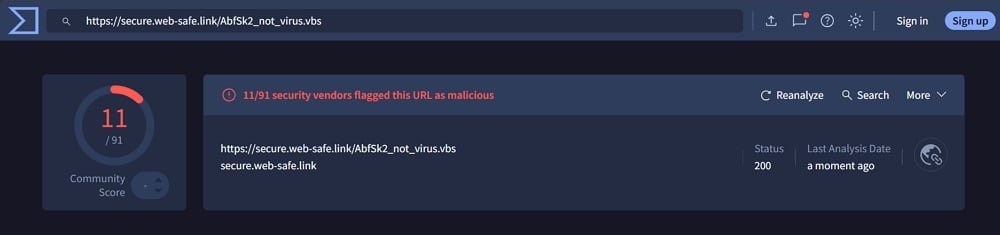 malicious link on VirusTotal