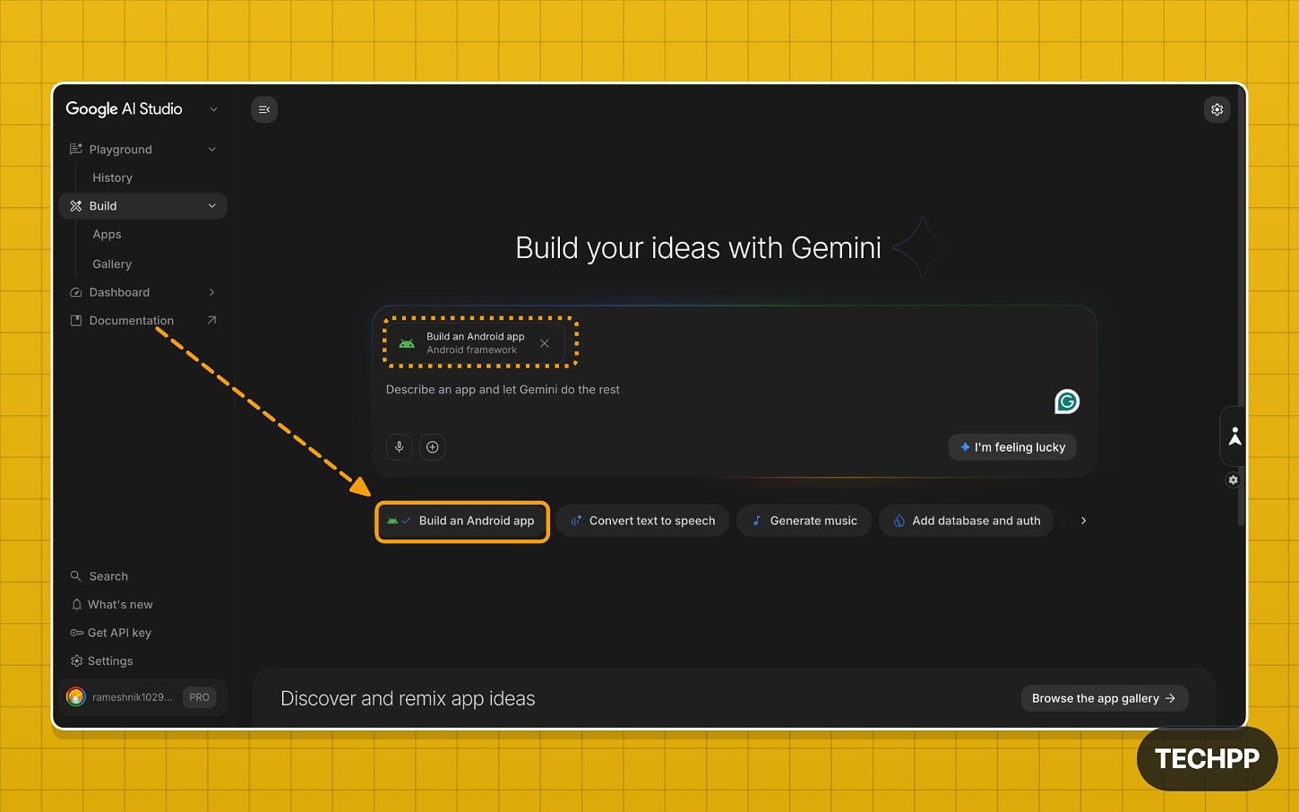 Google AI Studio Build Android App option