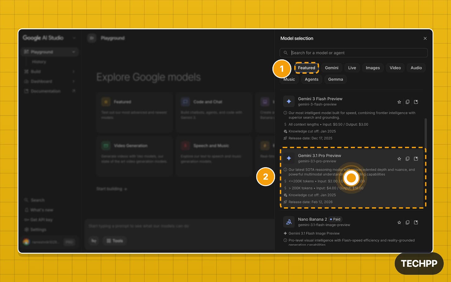 Google AI Studio Model Selector screen