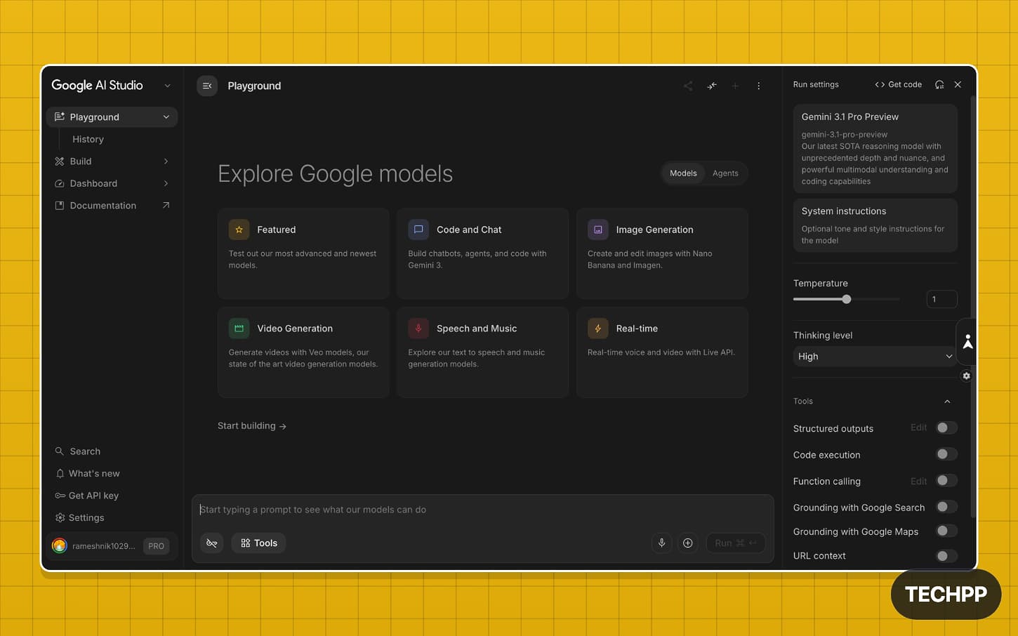Google AI Studio Play ground screen