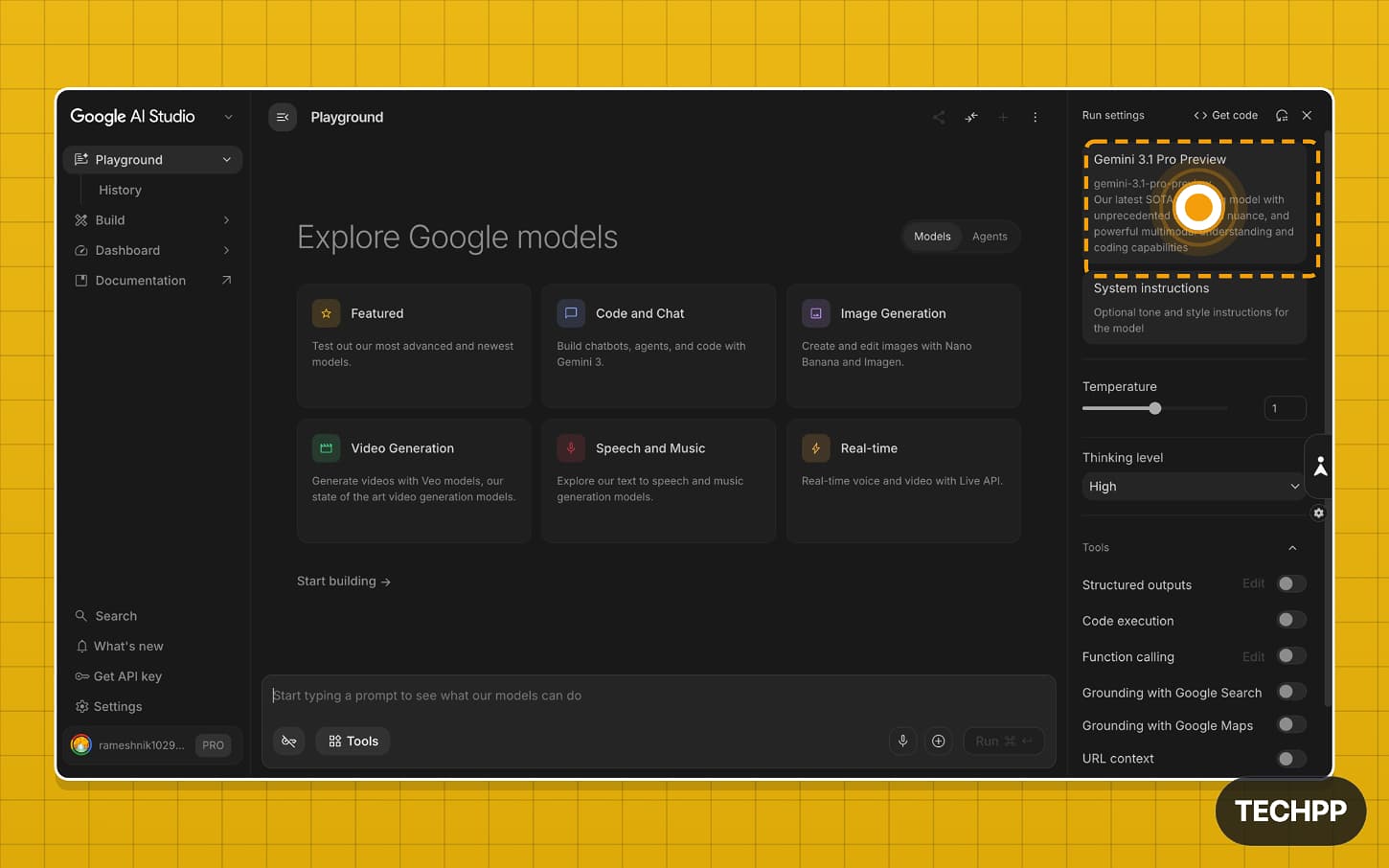Google AI Studio model selector