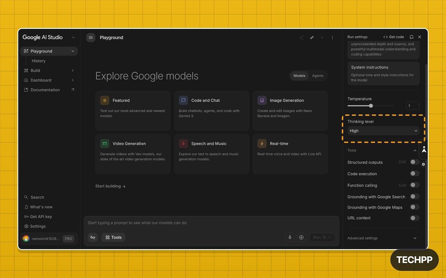 Google AI Studio model settings
