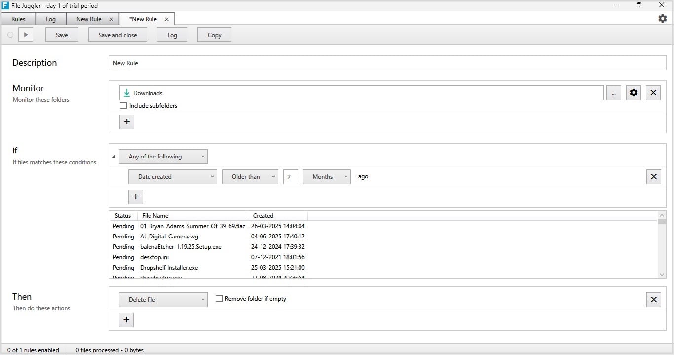 Configuring a new rule in File Juggler.