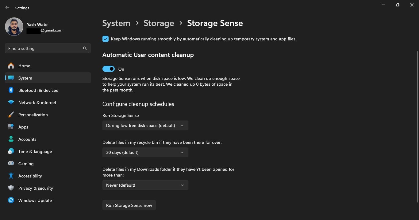 Turning on Storage Sense.