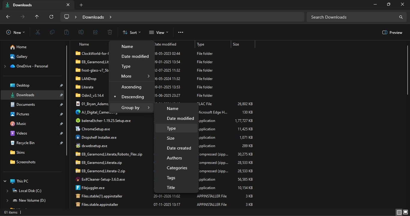 Grouping items in Downloads by Type.