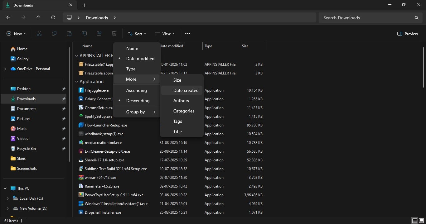 Sorting Downloads folder items by Date created.
