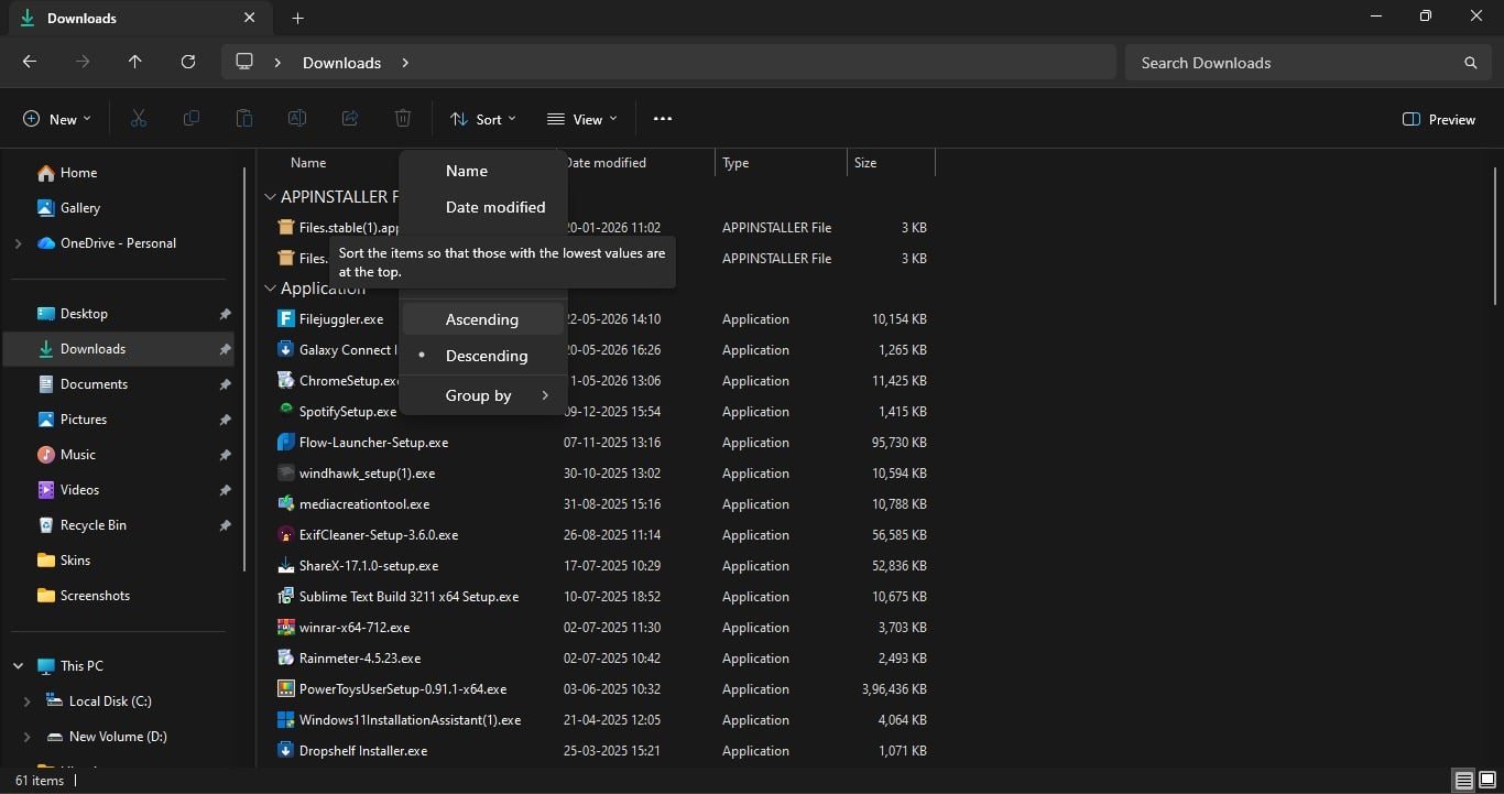Sorting the Downloads folder files in Descending order.
