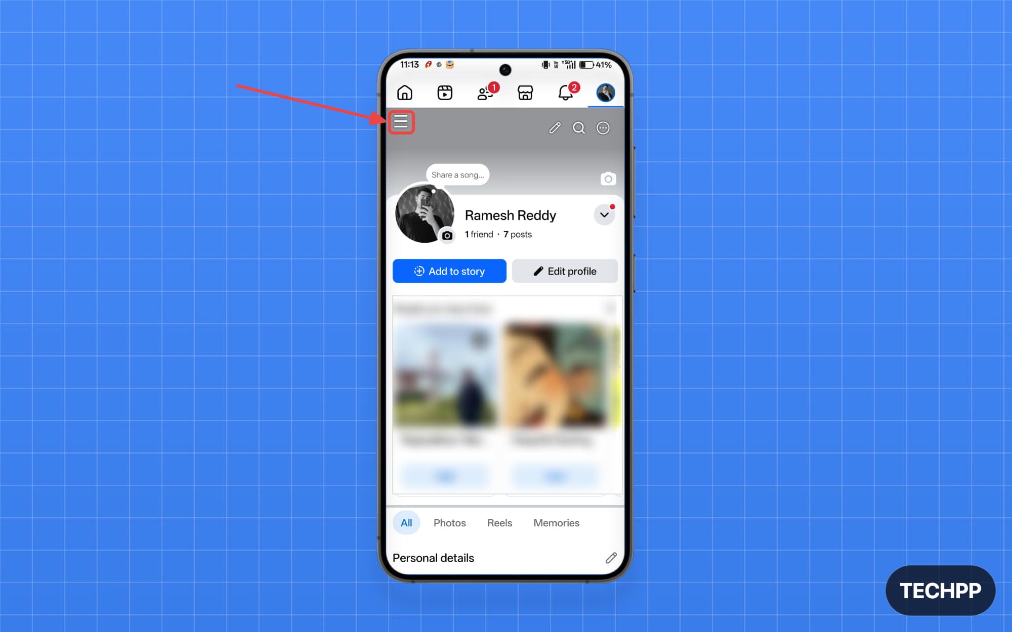 Facebook app main menu