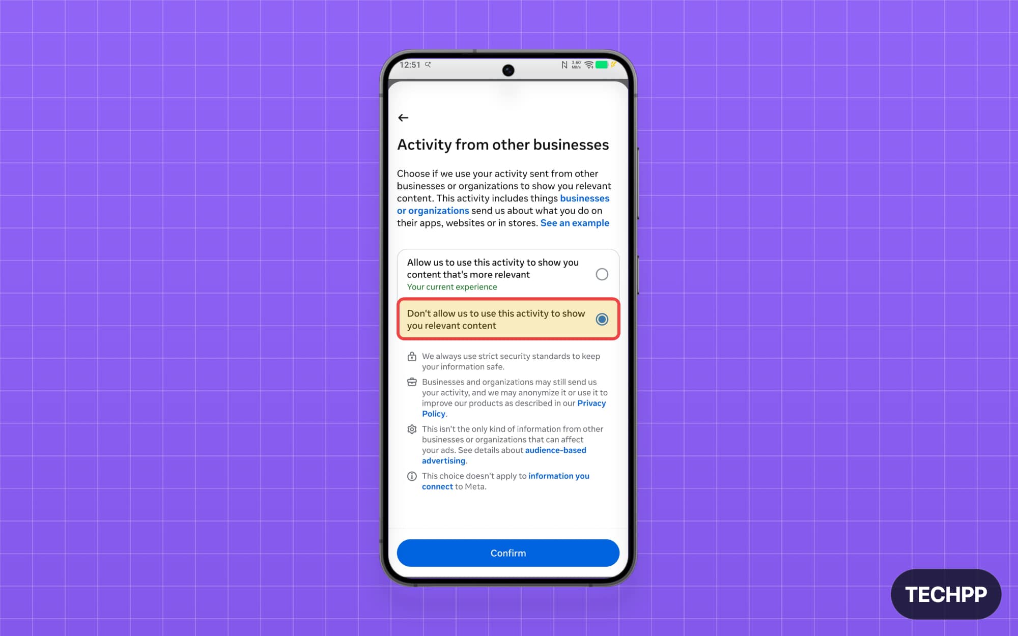Tap on do not allow Meta to use this activity option