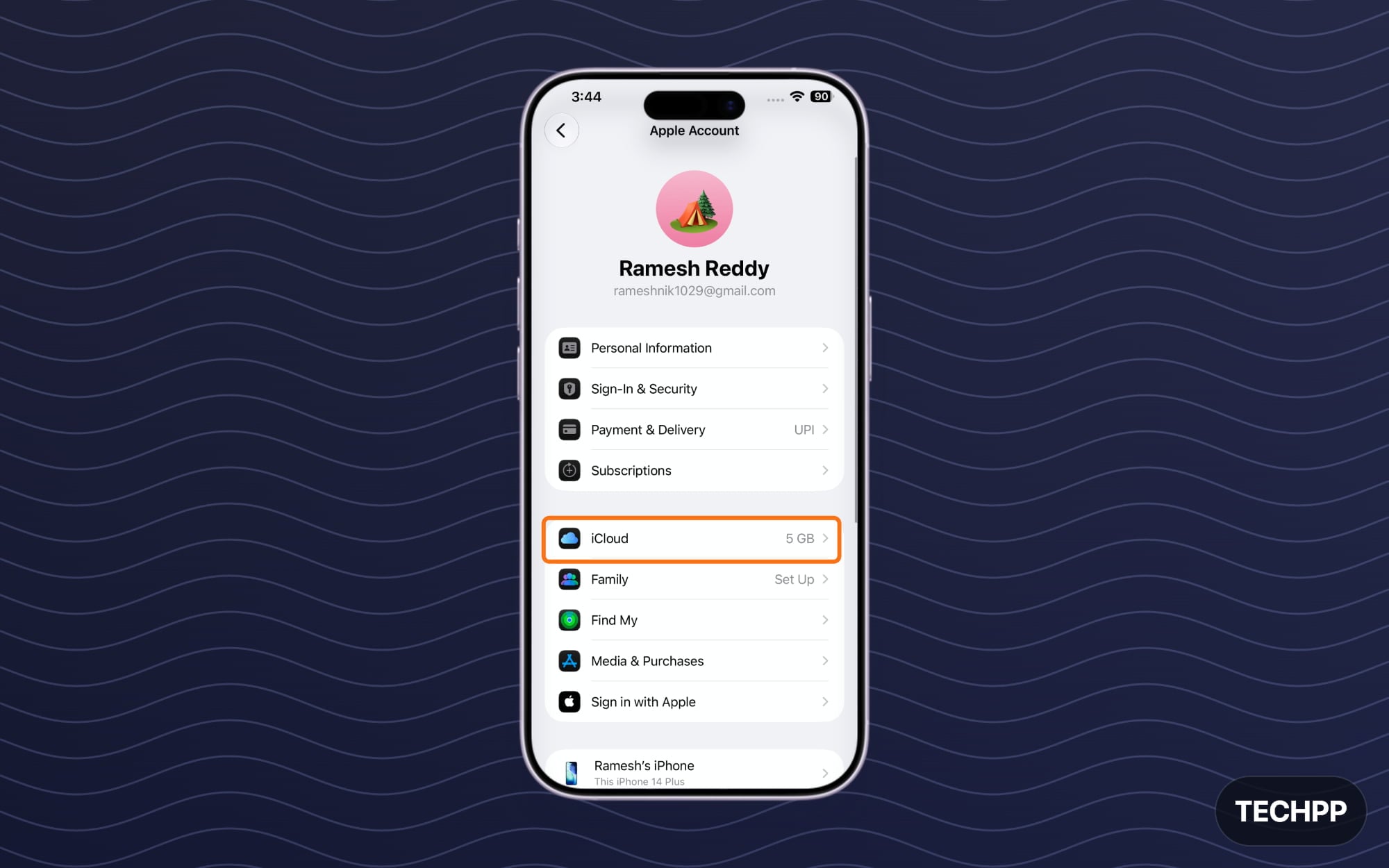 iCloud option in apple account settings
