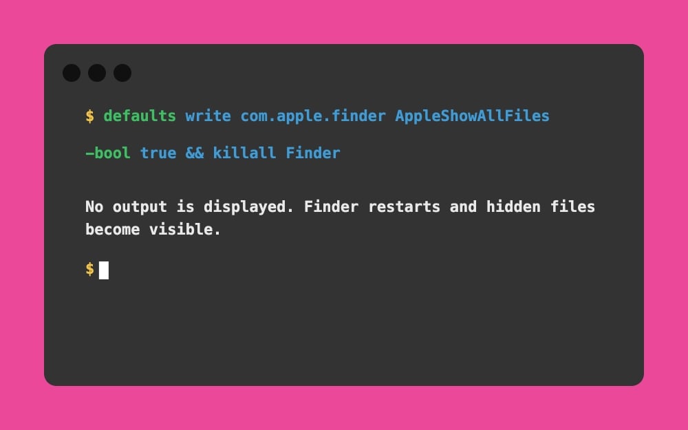 Mac Terminal - defaults write com.apple.finder AppleShowAllFiles -bool true && killall Finder