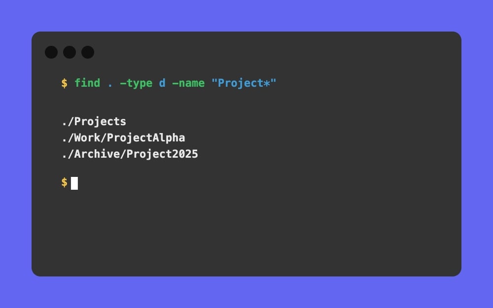 Mac Terminal - find . -type d -name Project