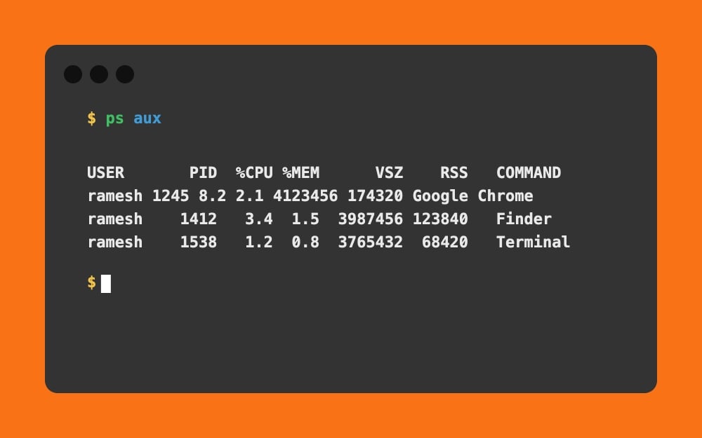 USER PID %CPU %MEM VSZ RSS COMMAND ramesh 1245 8.2 2.1 4123456 174320 Google Chrome ramesh 1412 3.4 1.5 3987456 123840 Finder ramesh 1538 1.2 0.8 3765432 68420 Terminal