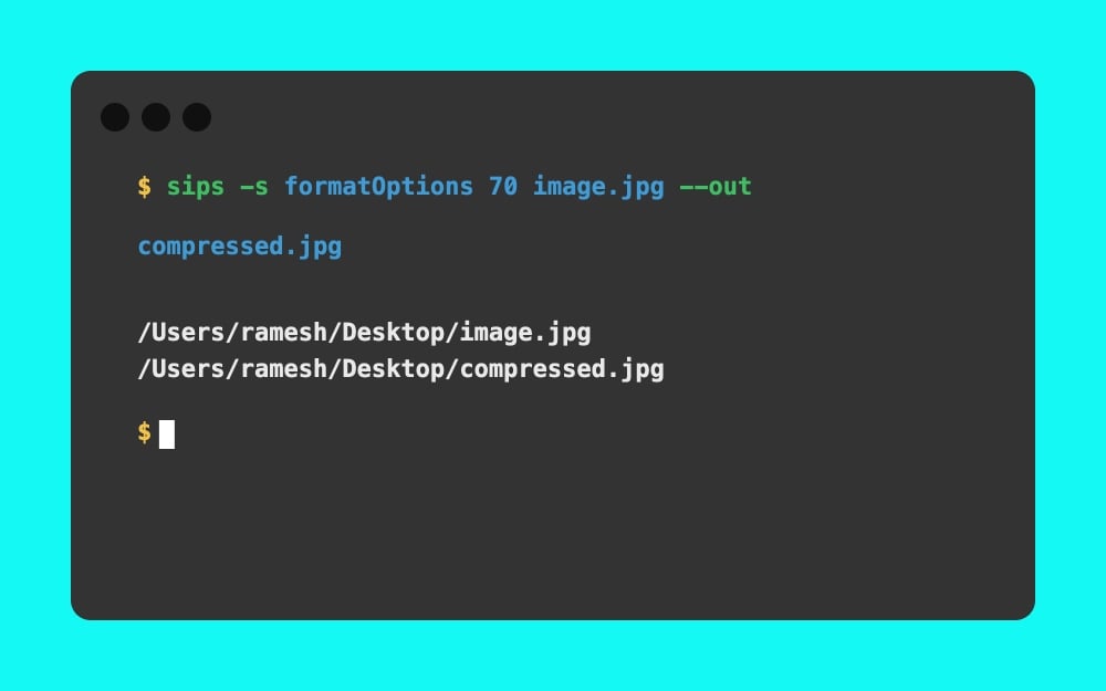Mac Terminal - sips -s formatOptions 70 image.jpg --out compressed.jpg