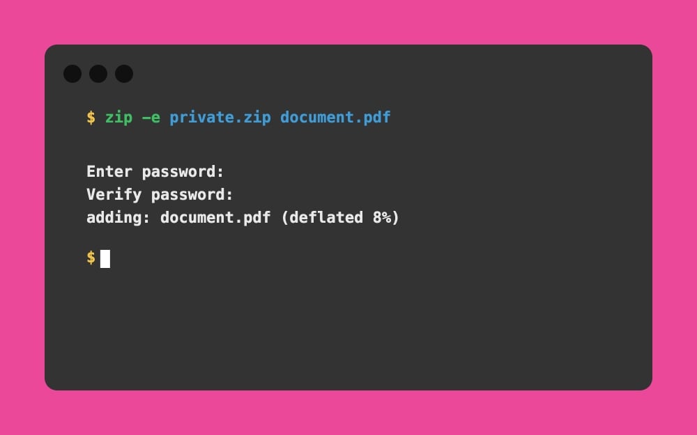 Mac Terminal - zip -e private.zip document.pdf