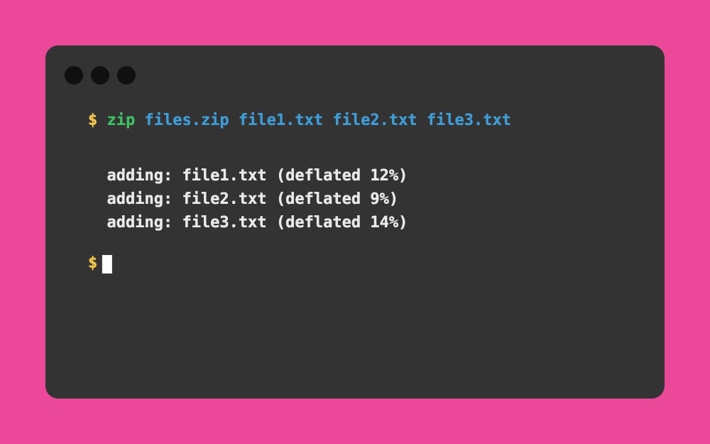 Mac Terminal - zip files.zip file1.txt file2.txt file3.txt