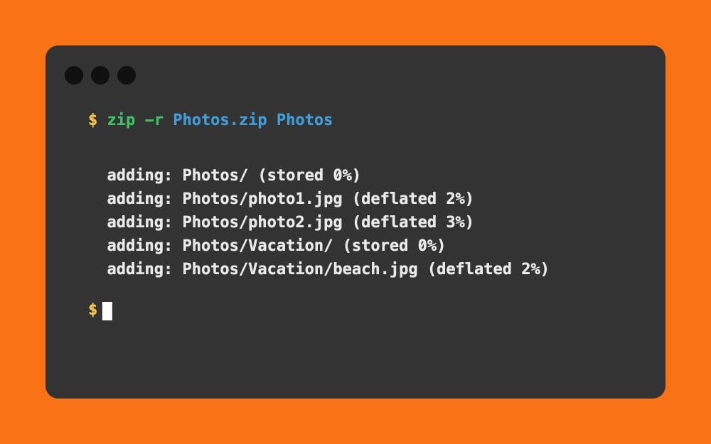 adding: Photos/ (stored 0%) adding: Photos/photo1.jpg (deflated 2%) adding: Photos/photo2.jpg (deflated 3%) adding: Photos/Vacation/ (stored 0%) adding: Photos/Vacation/beach.jpg (deflated 2%)