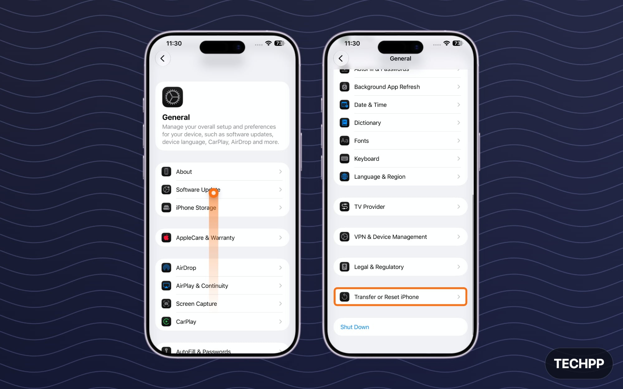 Transfer or Reset iPhone option