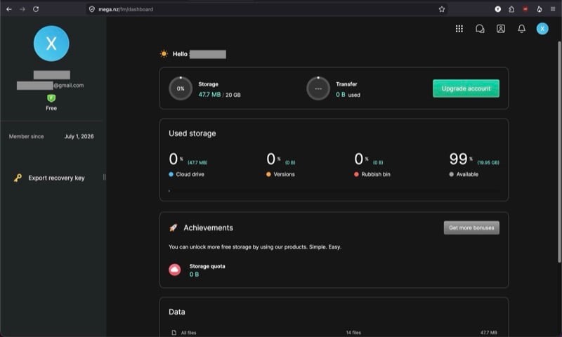 Mega Cloud dashboard.