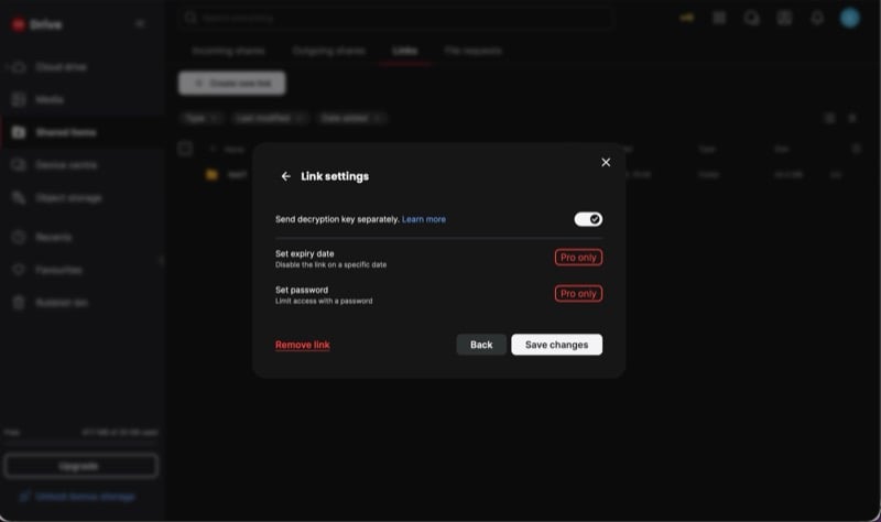 Mega Cloud link sharing controls.