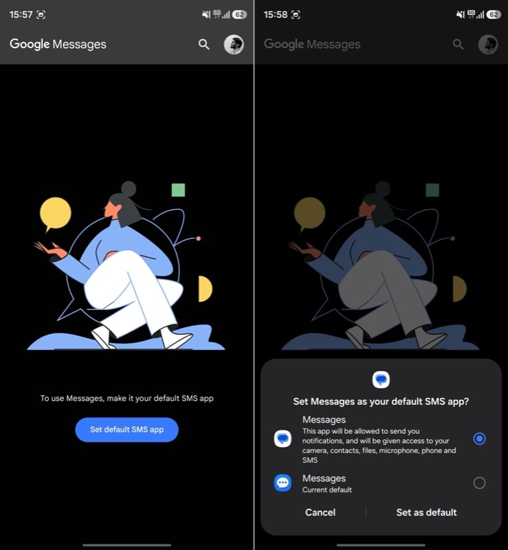 Setting Google Messages as the default SMS app on a Galaxy phone.